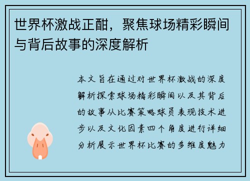 世界杯激战正酣，聚焦球场精彩瞬间与背后故事的深度解析
